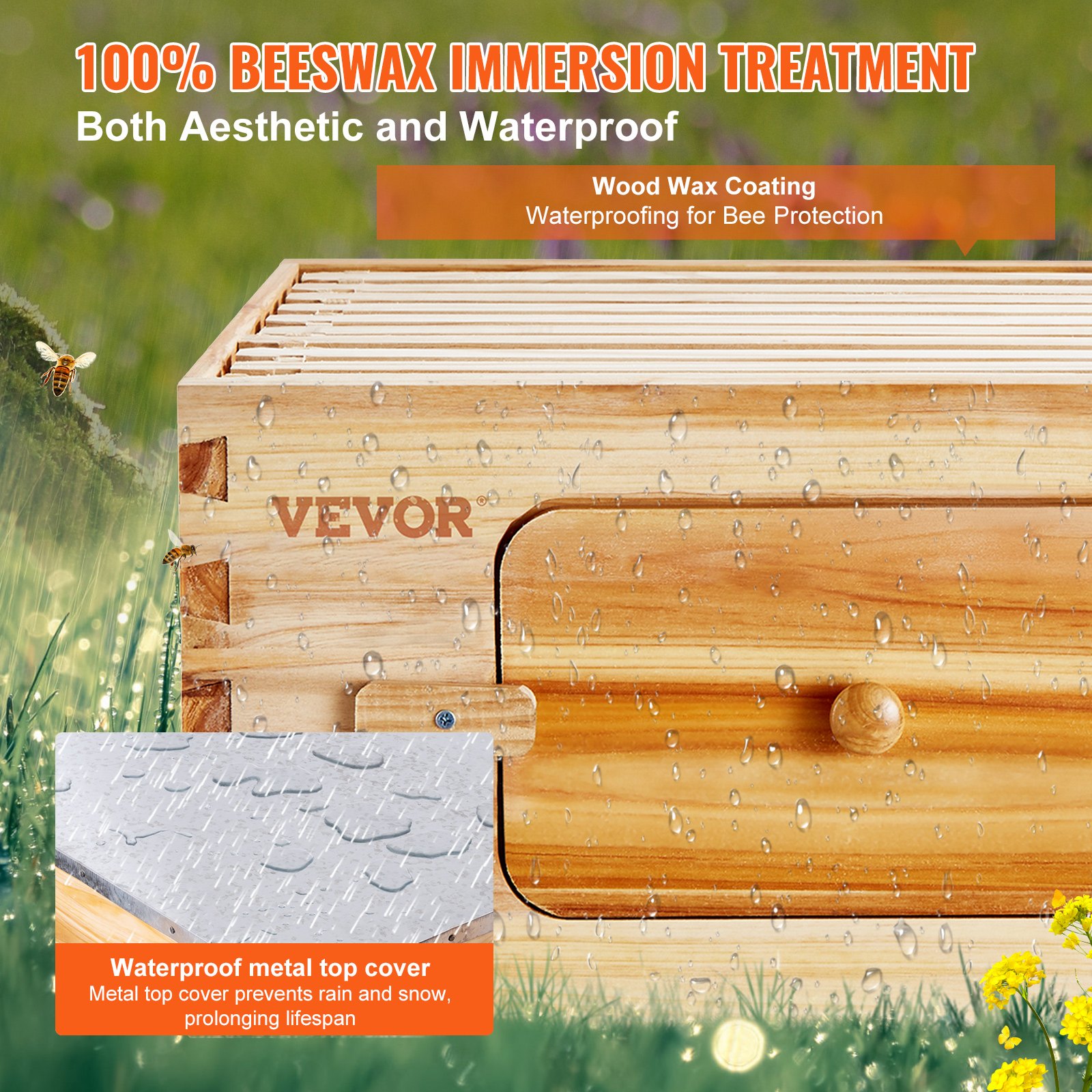 VEVOR bee hive starter kit with 100% beeswax treatment, wood wax coating, and waterproof metal top cover.