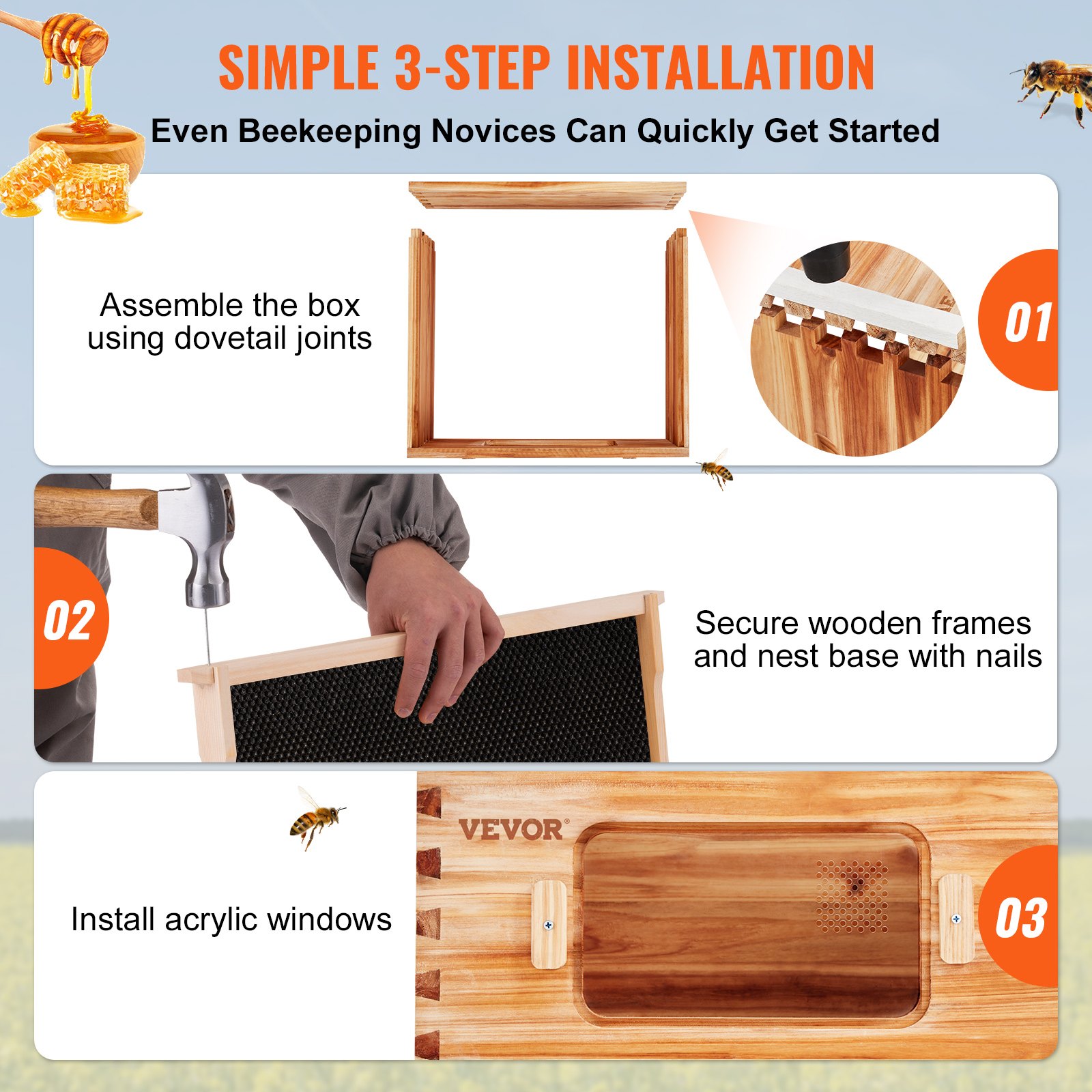 simple steps to assemble VEVOR bee hive starter kit, including dovetail joints, wooden frames, and acrylic windows.