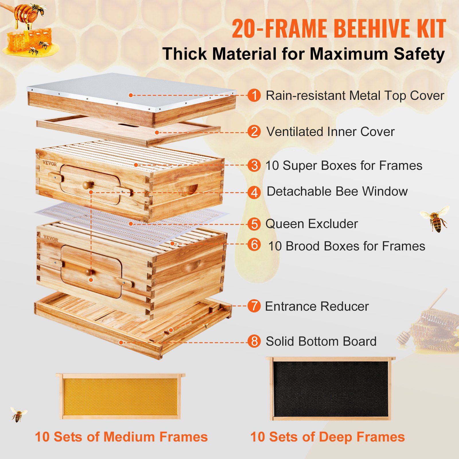 VEVOR bee hive starter kit - 20-frame beehive with rain-resistant cover, queen excluder, and brood boxes.