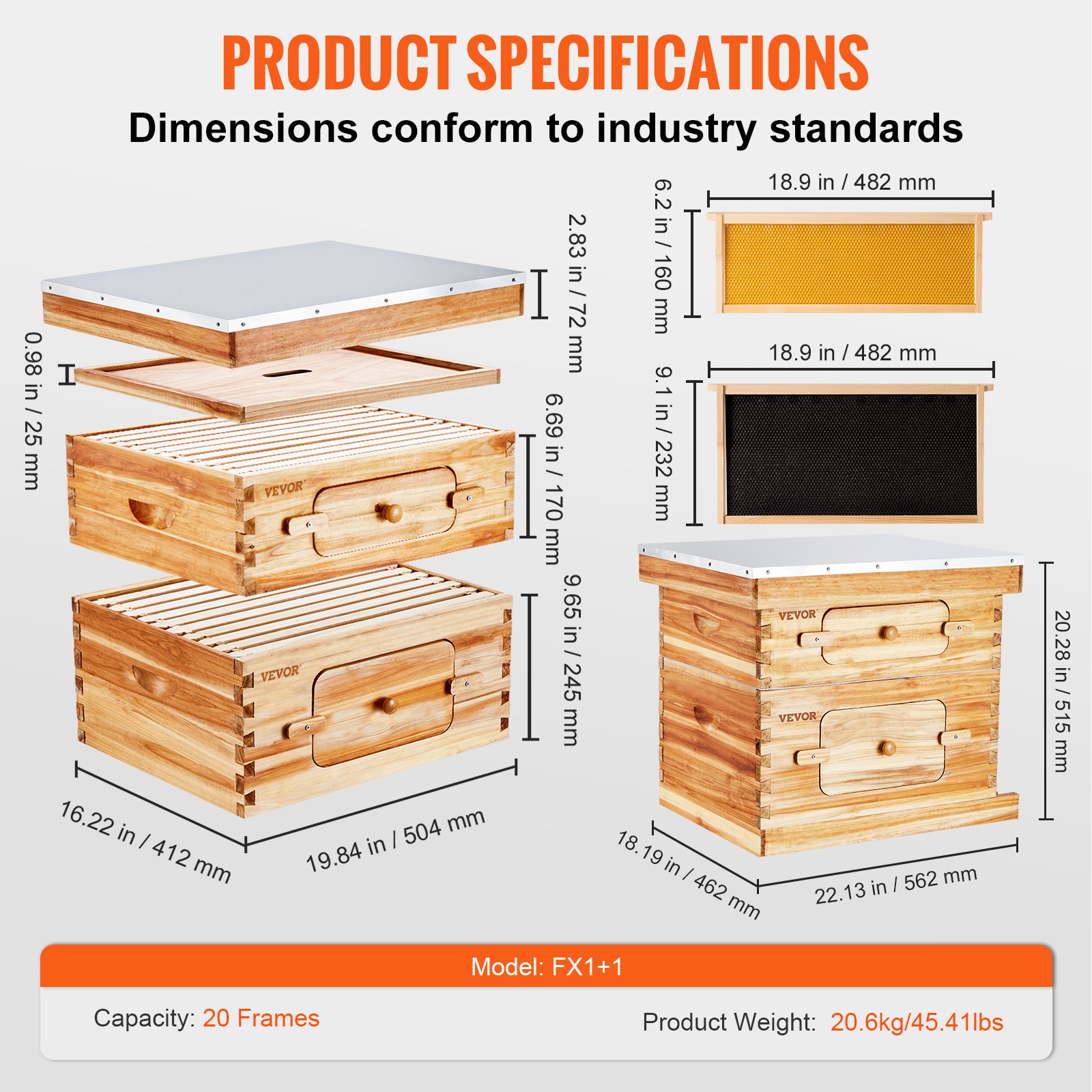 VEVOR bee hive starter kit dimensions with 20 frames, showcasing detailed measurements for each component.