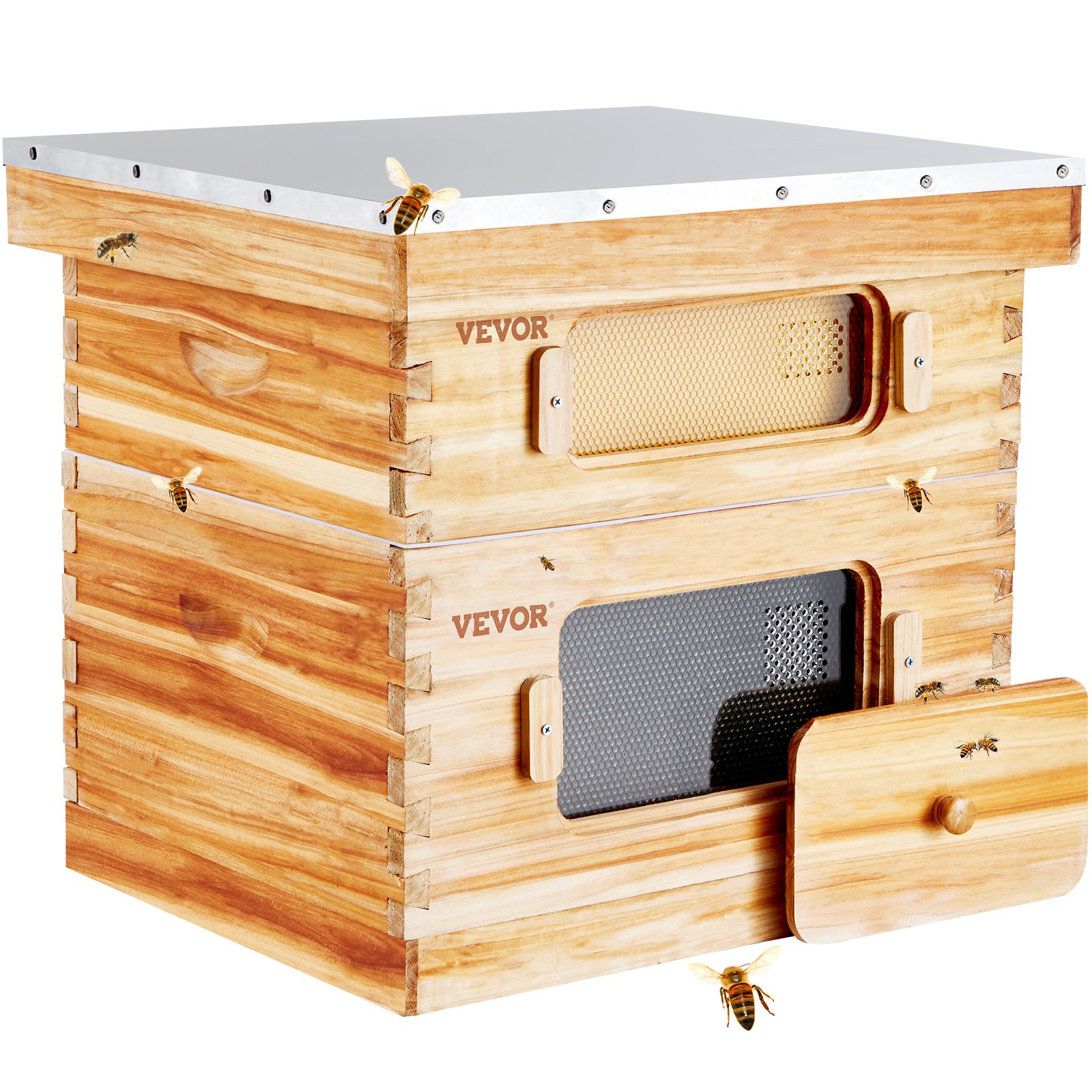 VEVOR bee hive starter kit with bees on wooden hive boxes featuring ventilation screens