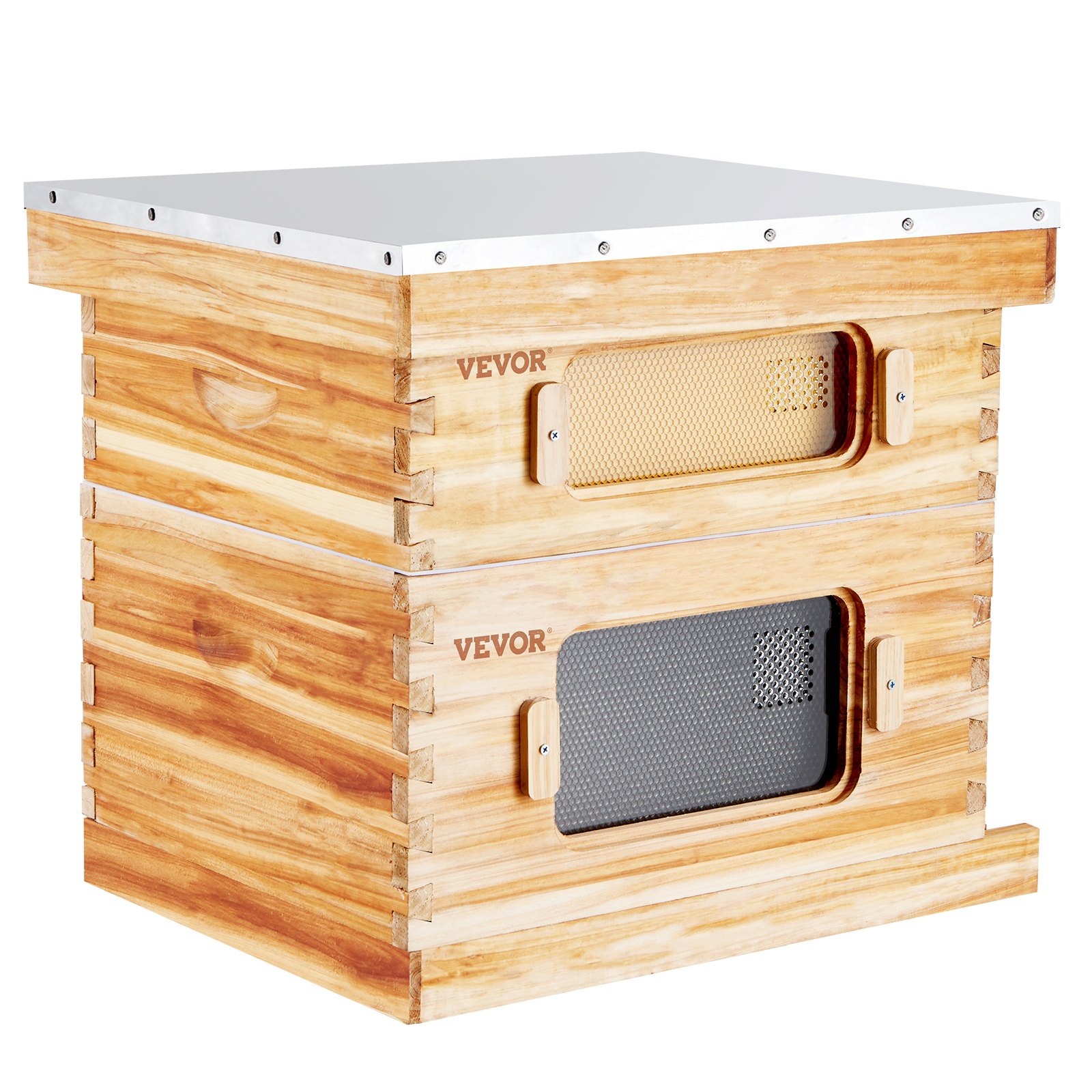 VEVOR bee hive starter kit with dual wooden boxes, metal roof, and mesh ventilation panels.