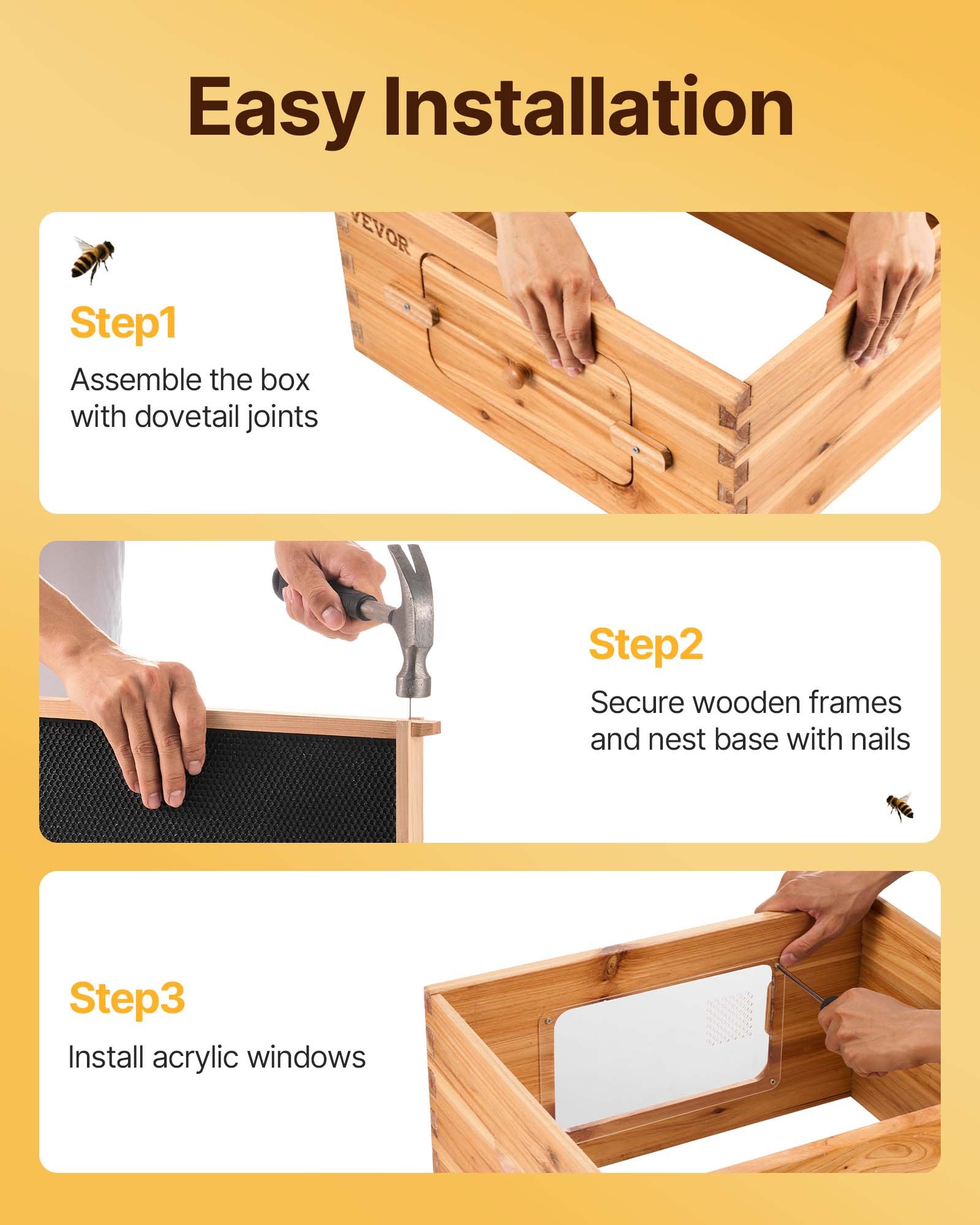 VEVOR Bee Hive 40 Frame Bee Hives Starter Kit, Beeswax Coated Fir Wood, 2 Deep + 2 Medium Bee Boxes Langstroth Beehive Kit, Transparent Acrylic Windows with Foundations for Beginners Pro Beekeepers
