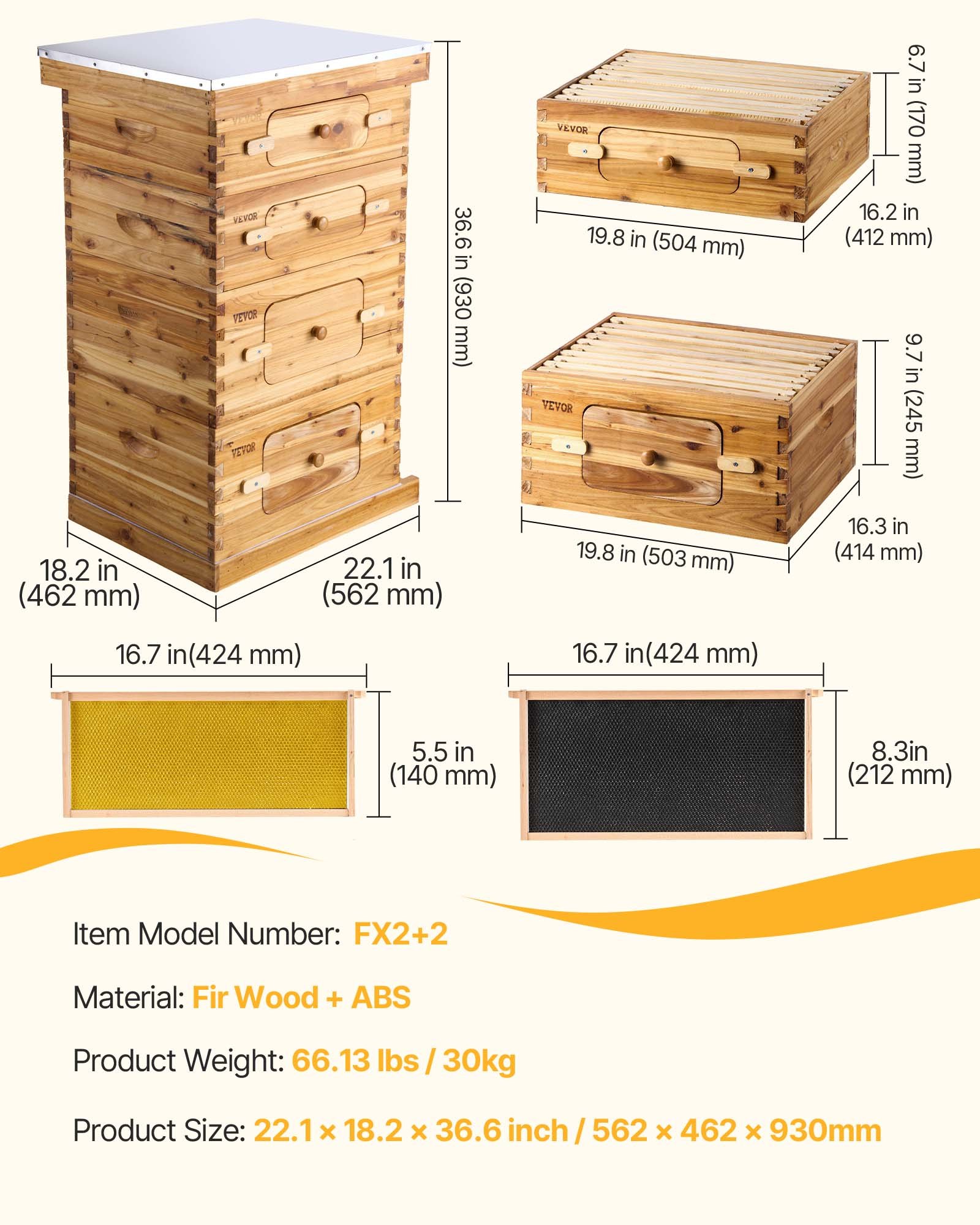 VEVOR Bee Hive 40 Frame Bee Hives Starter Kit, Beeswax Coated Fir Wood, 2 Deep + 2 Medium Bee Boxes Langstroth Beehive Kit, Transparent Acrylic Windows with Foundations for Beginners Pro Beekeepers