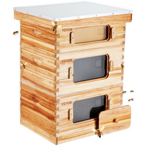 VEVOR Bee Hive 30 Frame Bee Hives Starter Kit, Beeswax Coated Cedar Wood, 2 Deep + 1 Medium Bee Boxes Langstroth Beehive Kit, Transparent Acrylic Windows with Foundations for Beginners Pro Beekeepers