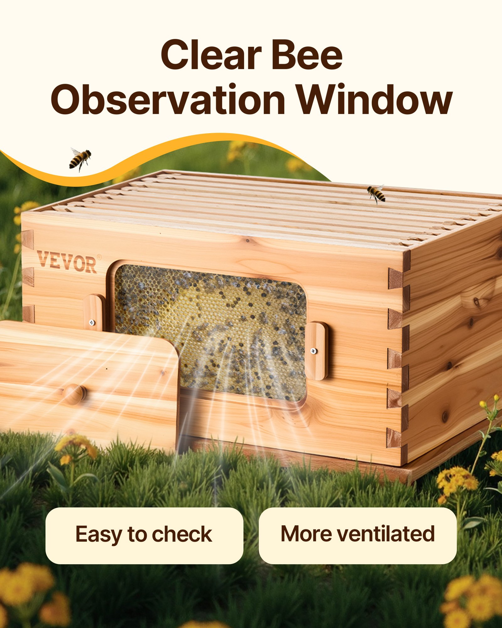 VEVOR Bee Hive 30 Frame Bee Hives Starter Kit, Beeswax Coated Fir Wood, 2 Deep + 1 Medium Bee Boxes Langstroth Beehive Kit, Transparent Acrylic Windows with Foundations for Beginners Pro Beekeepers