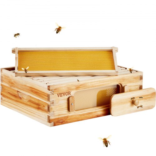VEVOR Bee Hive Medium Box Starter Kit, 100% Beeswax Coated Natural Cedar Wood, Langstroth Beehive Kit with 10 Frames and Foundations, Transparent Acrylic Bee Windows for Beginners and Pro Beekeepers