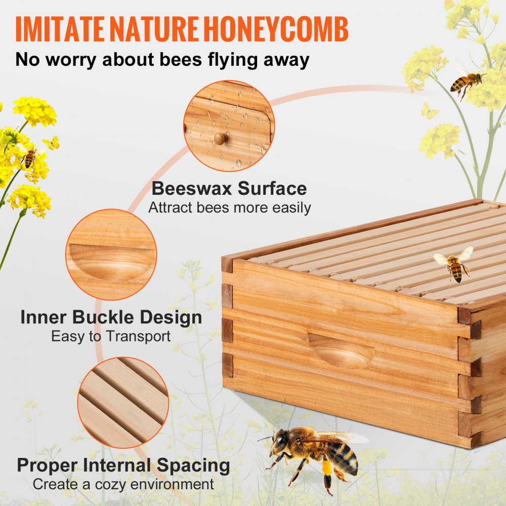 VEVOR Bee Hive, 10-Frame Complete Beehive Kit, 100% Beeswax Natural Wood, Includes 1 Medium Box with 10 Wooden Frames and Waxed Foundations, for Beginners and Pro Beekeepers