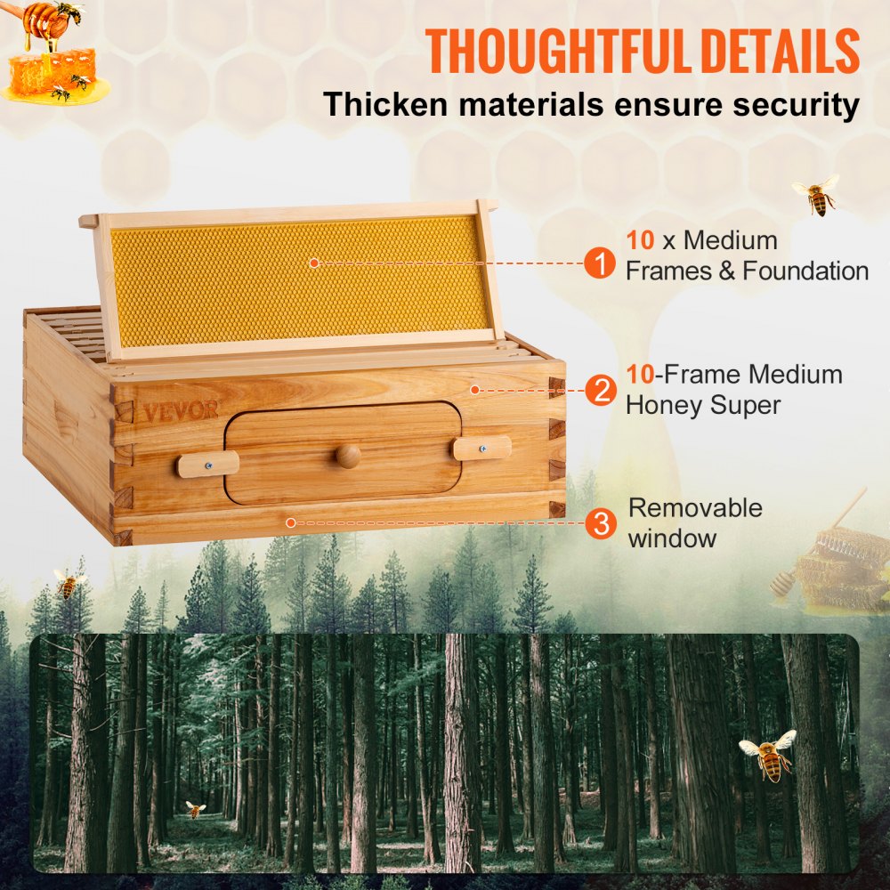 VEVOR Bee Hive, 10-Frame Complete Beehive Kit, 100% Beeswax Natural Wood, Includes 1 Medium Box with 10 Wooden Frames and Waxed Foundations, for Beginners and Pro Beekeepers