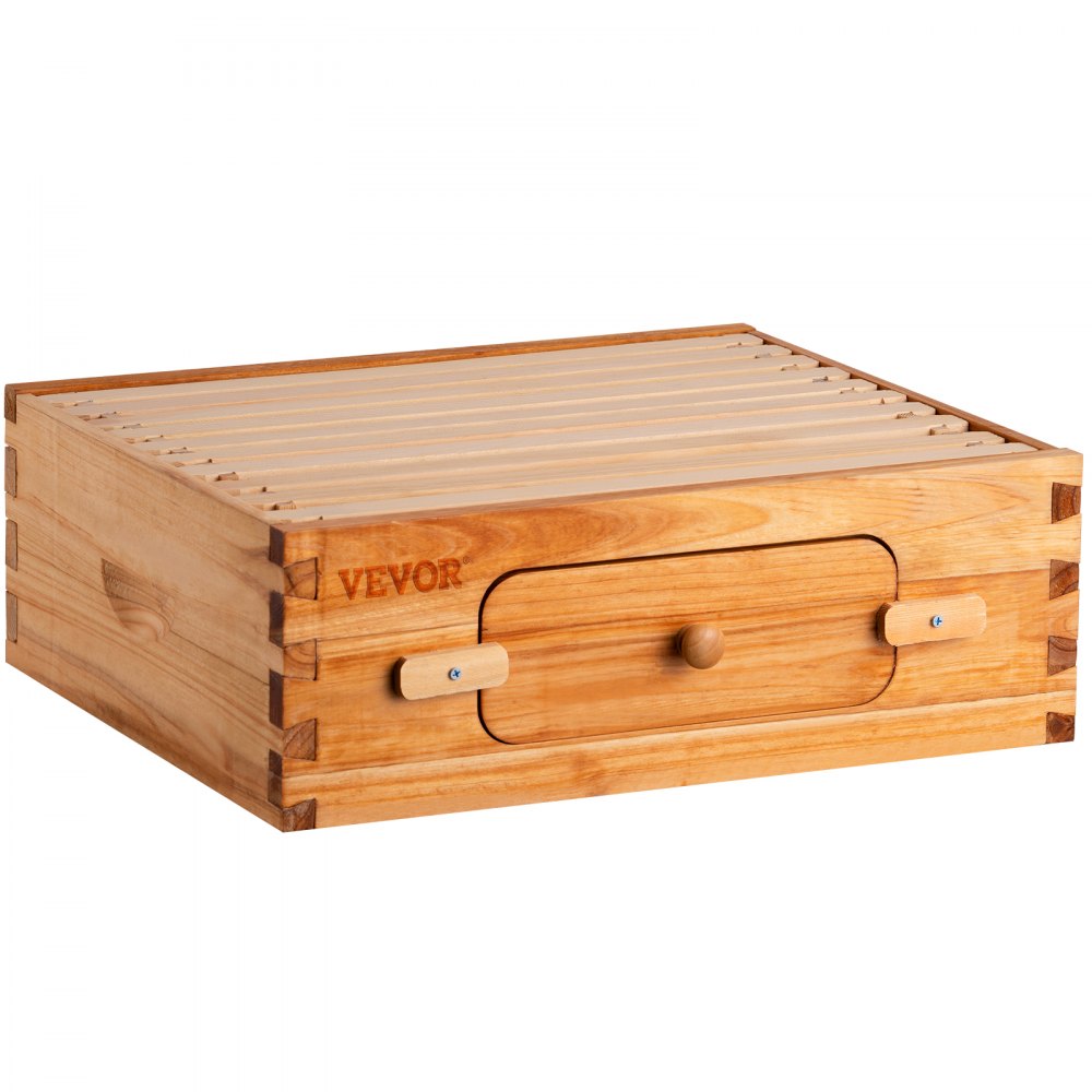 VEVOR Bee Hive, 10-Frame Complete Beehive Kit, 100% Beeswax Natural Wood, Includes 1 Medium Box with 10 Wooden Frames and Waxed Foundations, for Beginners and Pro Beekeepers