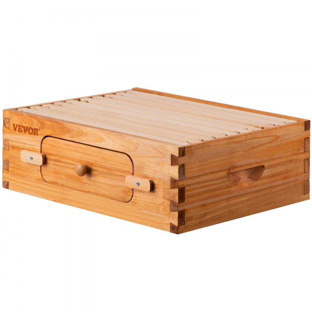 VEVOR Bee Hive, 10-Frame Complete Beehive Kit, 100% Beeswax Natural Wood, Includes 1 Medium Box with 10 Wooden Frames and Waxed Foundations, for Beginners and Pro Beekeepers