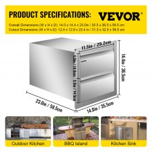 VEVOR 10 x 20.2 x 39.2 Inch Outdoor kitchen 2-Layer Drawer Stainless Steel Double Access Drawer BBQ Island Drawer Storage with Chrome Handle Flush Mount Sliver