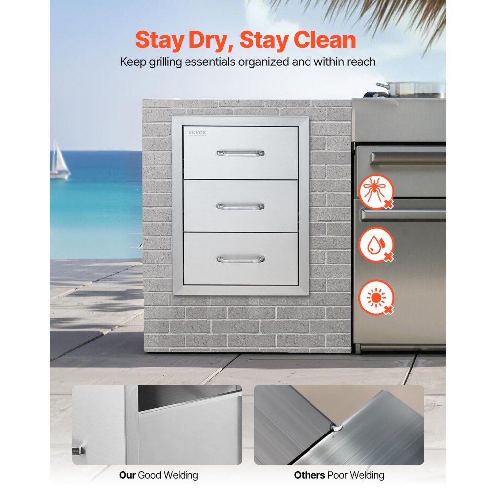 VEVOR Outdoor Kitchen Drawers 16\" W x 21.5\" H x 18\" D, Flush Mount Triple Access BBQ Drawers with Stainless Steel Handle, BBQ Island Drawers for Outdoor Kitchens or BBQ Island Patio Grill Station
