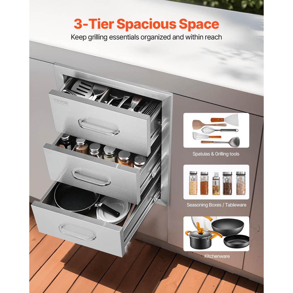 VEVOR Outdoor Kitchen Drawers, Flush Mount Triple Access BBQ Drawers with Stainless Steel Handle, BBQ Island Drawers for Outdoor Kitchens or BBQ Island Patio Grill Station