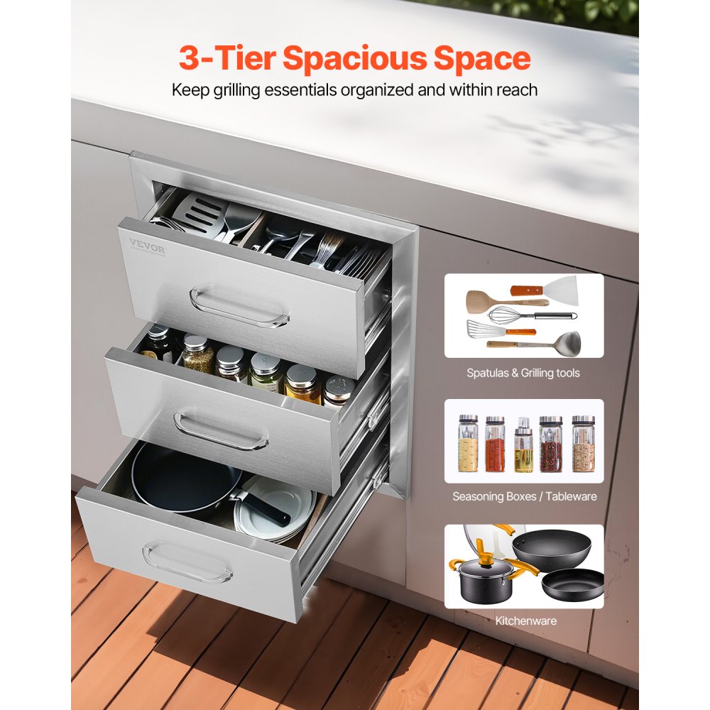 VEVOR Outdoor Kitchen Drawers 16\" W x 21.5\" H x 18\" D, Flush Mount Triple Access BBQ Drawers with Stainless Steel Handle, BBQ Island Drawers for Outdoor Kitchens or BBQ Island Patio Grill Station
