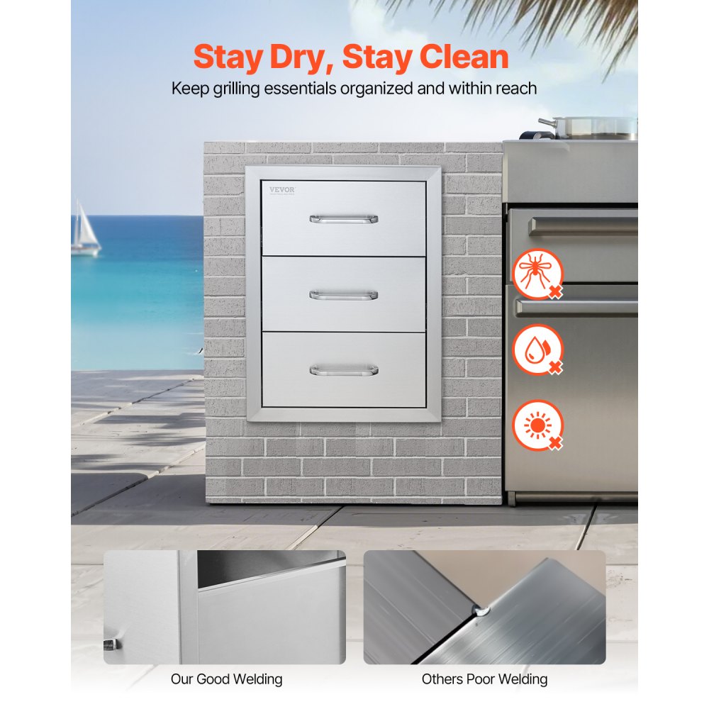 VEVOR Outdoor Kitchen Drawers 16\" W x 21.5\" H x 18\" D, Flush Mount Triple Access BBQ Drawers with Stainless Steel Handle, BBQ Island Drawers for Outdoor Kitchens or BBQ Island Patio Grill Station