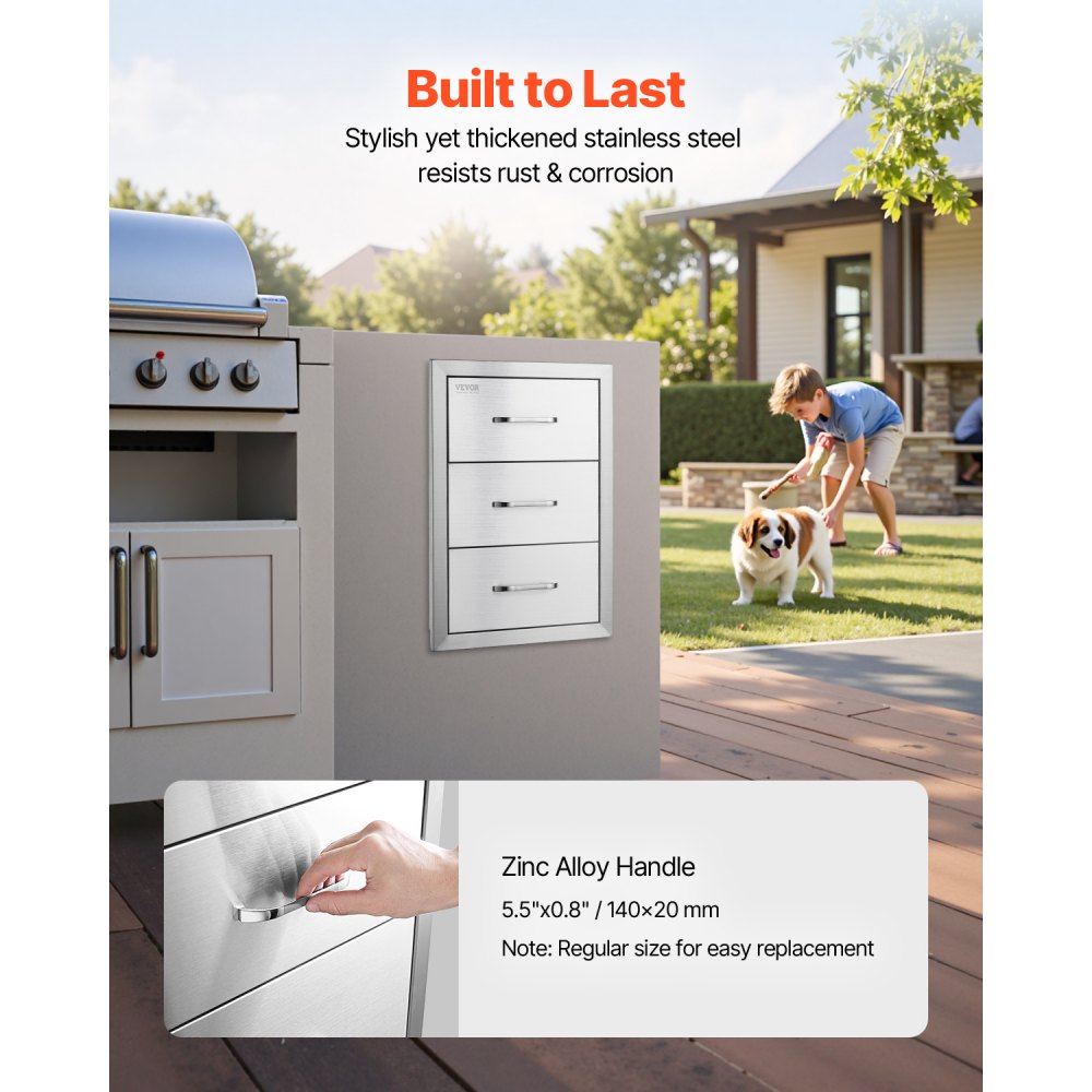 VEVOR Outdoor Kitchen Drawers 16\" W x 21.5\" H x 18\" D, Flush Mount Triple Access BBQ Drawers with Stainless Steel Handle, BBQ Island Drawers for Outdoor Kitchens or BBQ Island Patio Grill Station