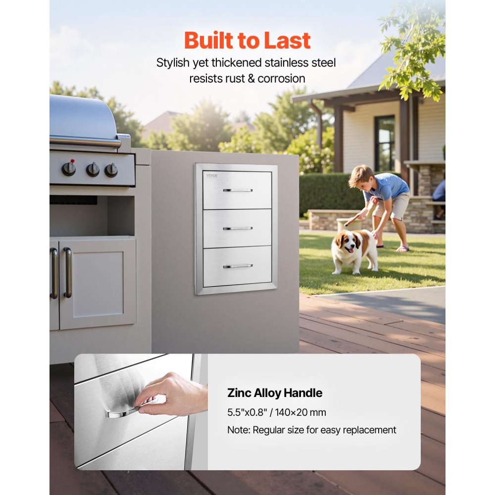 VEVOR Outdoor Kitchen Drawers 16" W x 21.5" H x 18" D, Flush Mount Triple Access BBQ Drawers with Stainless Steel Handle, BBQ Island Drawers for Outdoor Kitchens or BBQ Island Patio Grill Station