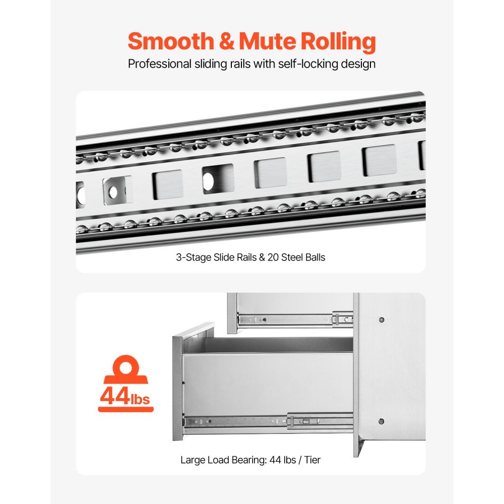 VEVOR Outdoor Kitchen Drawers 16" W x 21.5" H x 18" D, Flush Mount Triple Access BBQ Drawers with Stainless Steel Handle, BBQ Island Drawers for Outdoor Kitchens or BBQ Island Patio Grill Station