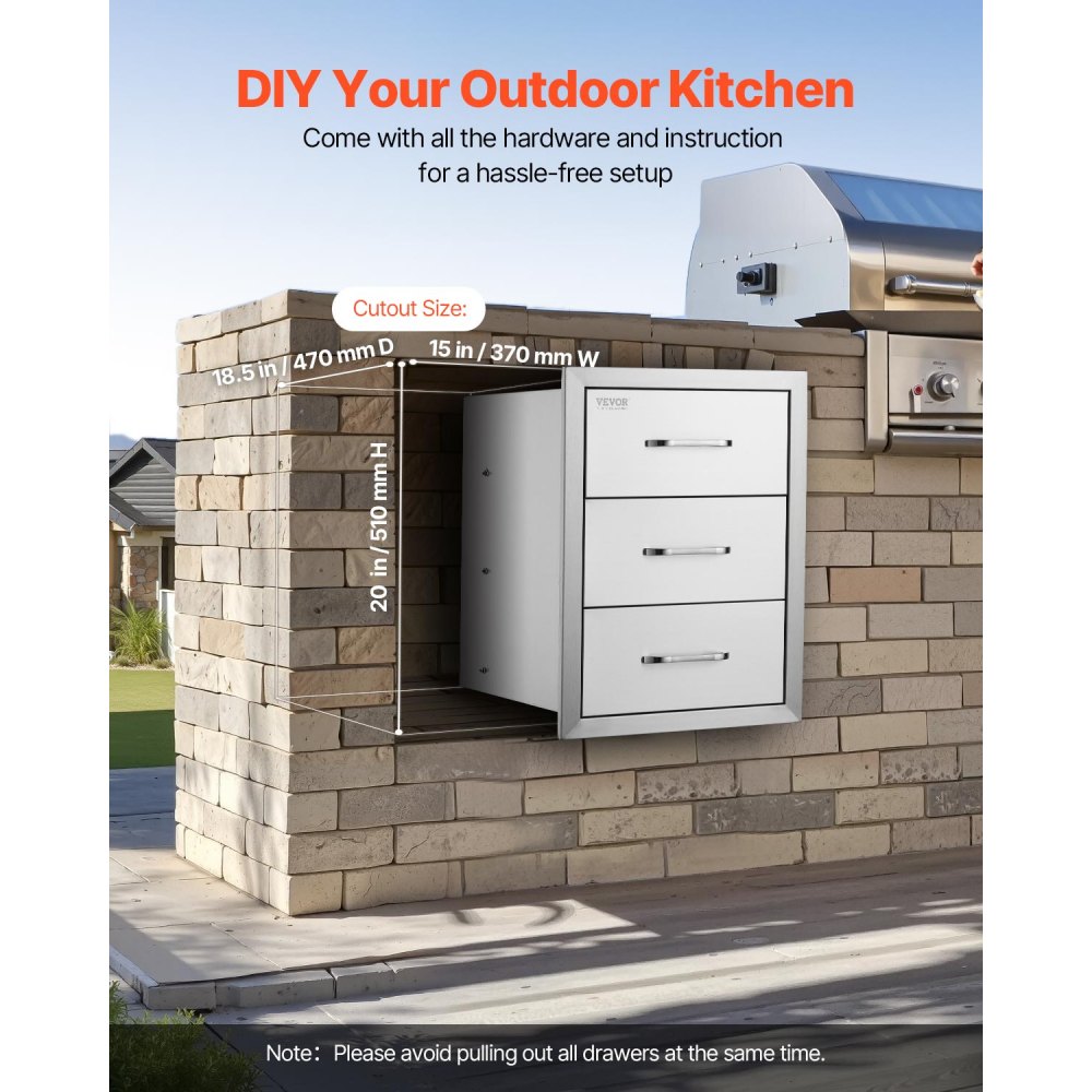 VEVOR Outdoor Kitchen Drawers 16" W x 21.5" H x 18" D, Flush Mount Triple Access BBQ Drawers with Stainless Steel Handle, BBQ Island Drawers for Outdoor Kitchens or BBQ Island Patio Grill Station