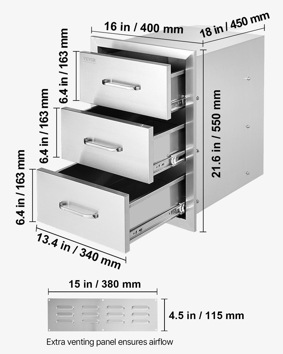 VEVOR Outdoor Kitchen Drawers 16\" W x 21.5\" H x 18\" D, Flush Mount Triple Access BBQ Drawers with Stainless Steel Handle, BBQ Island Drawers for Outdoor Kitchens or BBQ Island Patio Grill Station