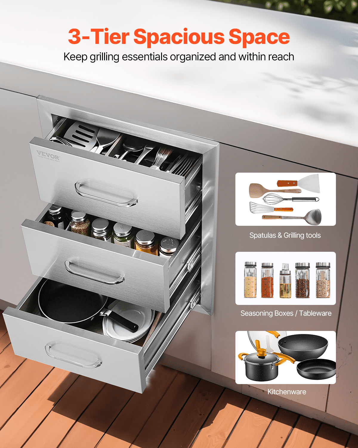 VEVOR Outdoor Kitchen Drawers, Flush Mount Triple Access BBQ Drawers with Stainless Steel Handle, BBQ Island Drawers for Outdoor Kitchens or BBQ Island Patio Grill Station