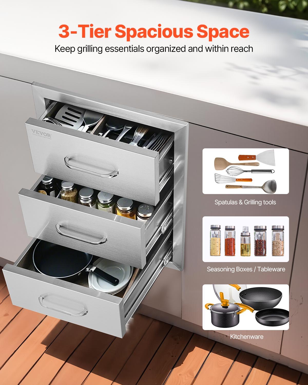 VEVOR Outdoor Kitchen Drawers 16" W x 21.5" H x 18" D, Flush Mount Triple Access BBQ Drawers with Stainless Steel Handle, BBQ Island Drawers for Outdoor Kitchens or BBQ Island Patio Grill Station