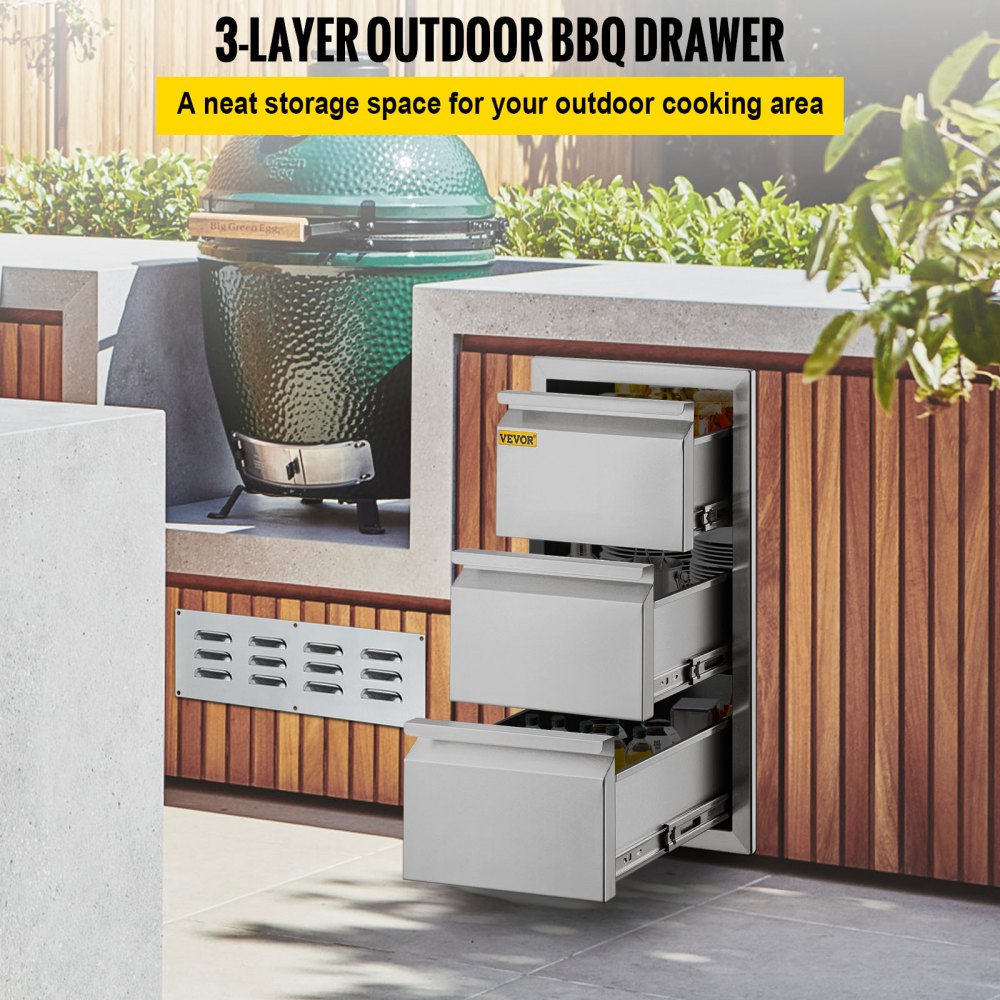 VEVOR Outdoor Kitchen Drawers 14.7\" W x 25.4\" H x 18.7\" D, Box Frame Style Flush Mount BBQ Drawers with Stainless Steel Handle, BBQ Island Drawers for Outdoor Kitchens or Patio Grill Station