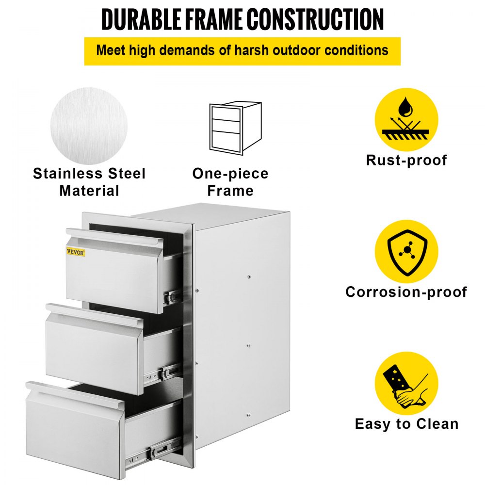 VEVOR Outdoor Kitchen Drawers 14.7\" W x 25.4\" H x 18.7\" D, Box Frame Style Flush Mount BBQ Drawers with Stainless Steel Handle, BBQ Island Drawers for Outdoor Kitchens or Patio Grill Station