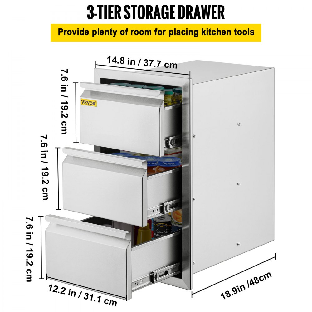 VEVOR Outdoor Kitchen Drawers 14.7\" W x 25.4\" H x 18.7\" D, Box Frame Style Flush Mount BBQ Drawers with Stainless Steel Handle, BBQ Island Drawers for Outdoor Kitchens or Patio Grill Station