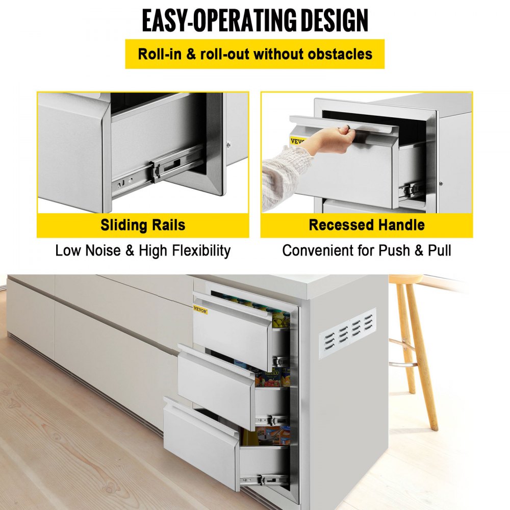 VEVOR Outdoor Kitchen Drawers 14.7\" W x 25.4\" H x 18.7\" D, Box Frame Style Flush Mount BBQ Drawers with Stainless Steel Handle, BBQ Island Drawers for Outdoor Kitchens or Patio Grill Station