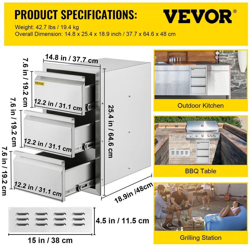 VEVOR Outdoor Kitchen Drawers 14.7\" W x 25.4\" H x 18.7\" D, Box Frame Style Flush Mount BBQ Drawers with Stainless Steel Handle, BBQ Island Drawers for Outdoor Kitchens or Patio Grill Station