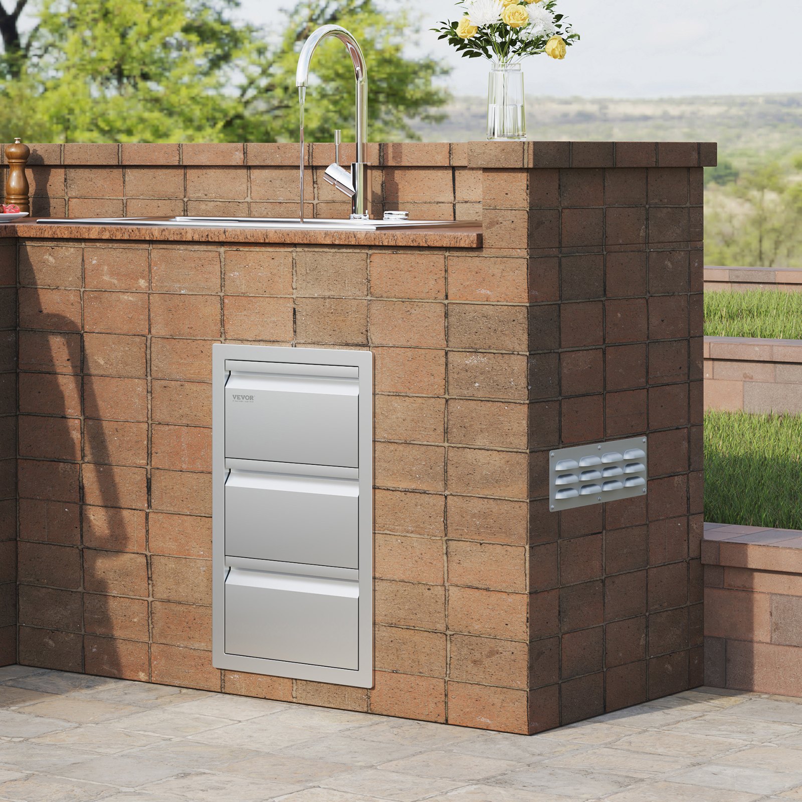 VEVOR Outdoor Kitchen Drawers 14.7" W x 25.4" H x 18.7" D, Box Frame Style Flush Mount BBQ Drawers with Stainless Steel Handle, BBQ Island Drawers for Outdoor Kitchens or Patio Grill Station