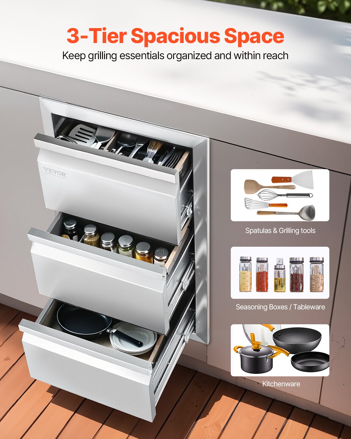 VEVOR Outdoor Kitchen Drawers 14.7\" W x 25.4\" H x 18.7\" D, Box Frame Style Flush Mount BBQ Drawers with Stainless Steel Handle, BBQ Island Drawers for Outdoor Kitchens or Patio Grill Station