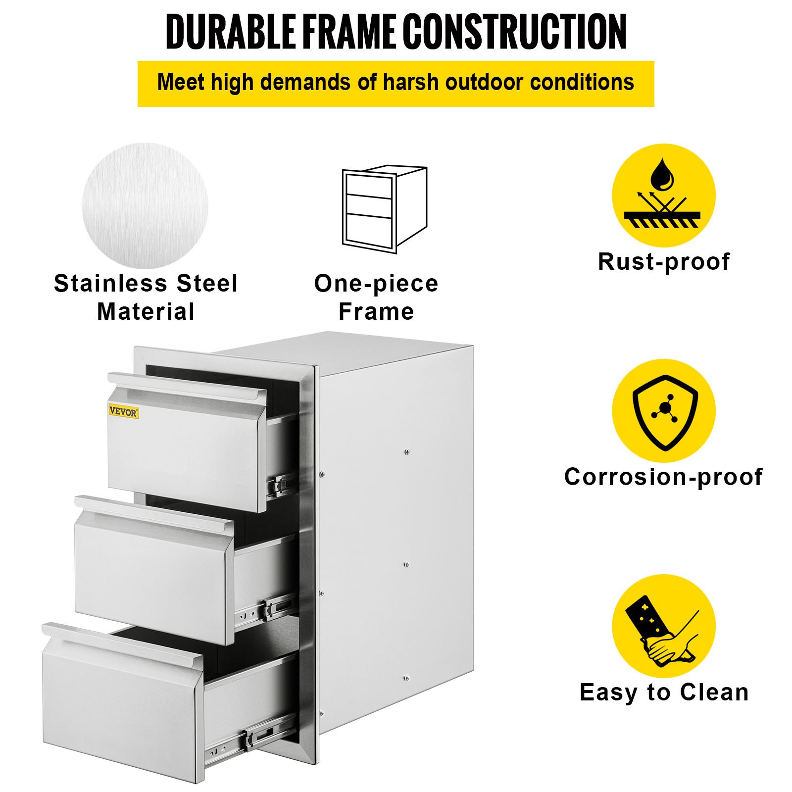 VEVOR Outdoor Kitchen Drawers 14.7\" W x 25.4\" H x 18.7\" D, Box Frame Style Flush Mount BBQ Drawers with Stainless Steel Handle, BBQ Island Drawers for Outdoor Kitchens or Patio Grill Station