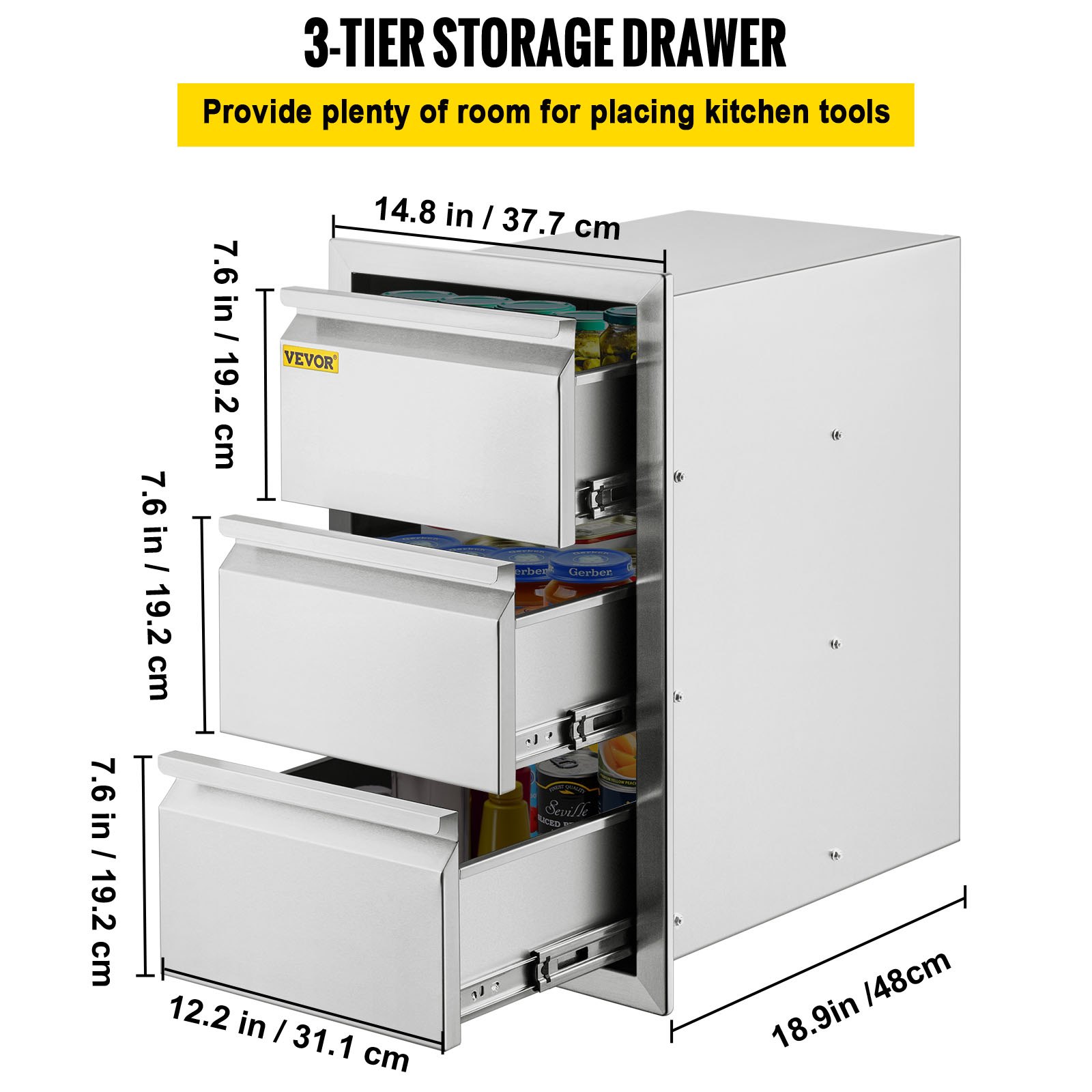VEVOR Outdoor Kitchen Drawers 14.7\" W x 25.4\" H x 18.7\" D, Box Frame Style Flush Mount BBQ Drawers with Stainless Steel Handle, BBQ Island Drawers for Outdoor Kitchens or Patio Grill Station