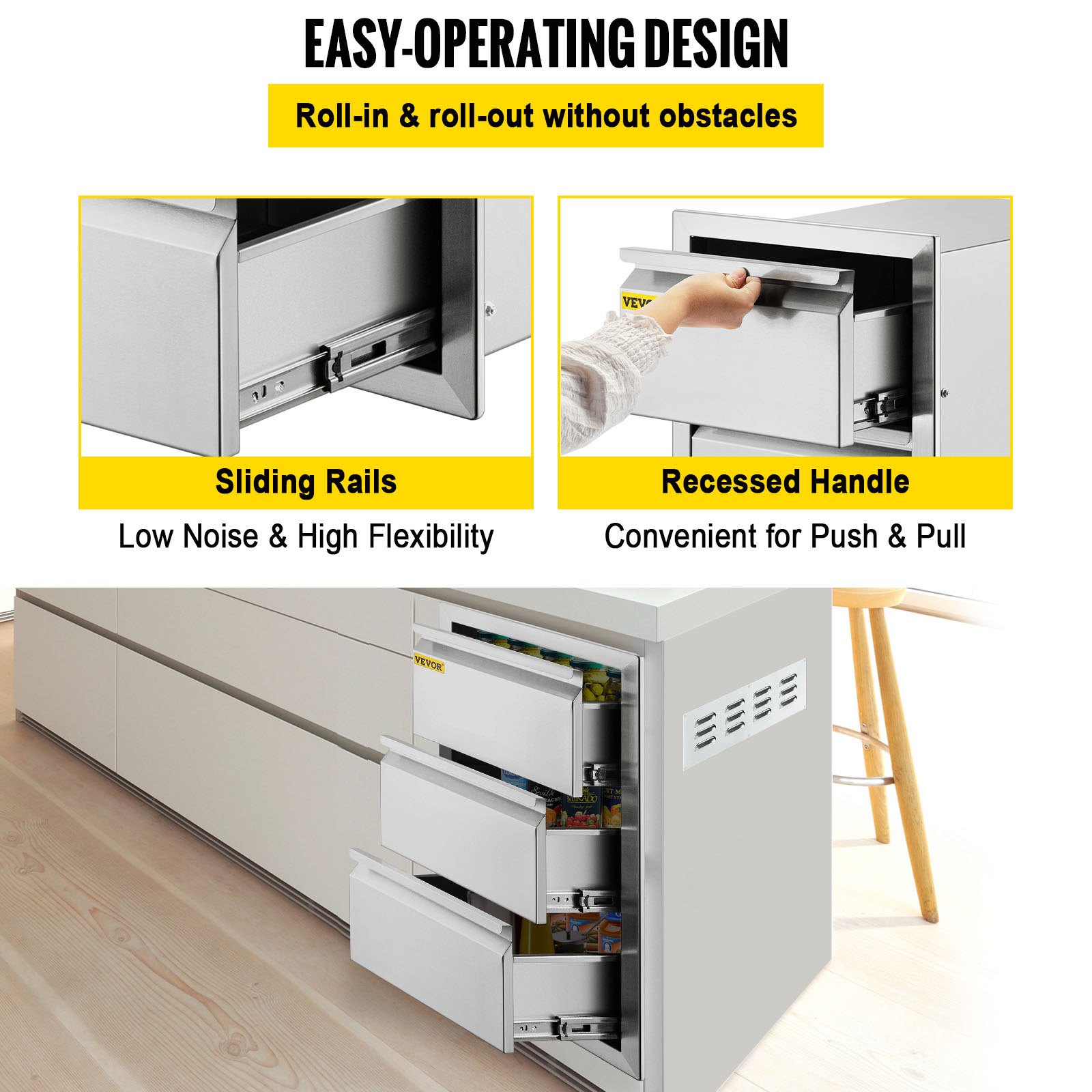 VEVOR Outdoor Kitchen Drawers 14.7\" W x 25.4\" H x 18.7\" D, Box Frame Style Flush Mount BBQ Drawers with Stainless Steel Handle, BBQ Island Drawers for Outdoor Kitchens or Patio Grill Station