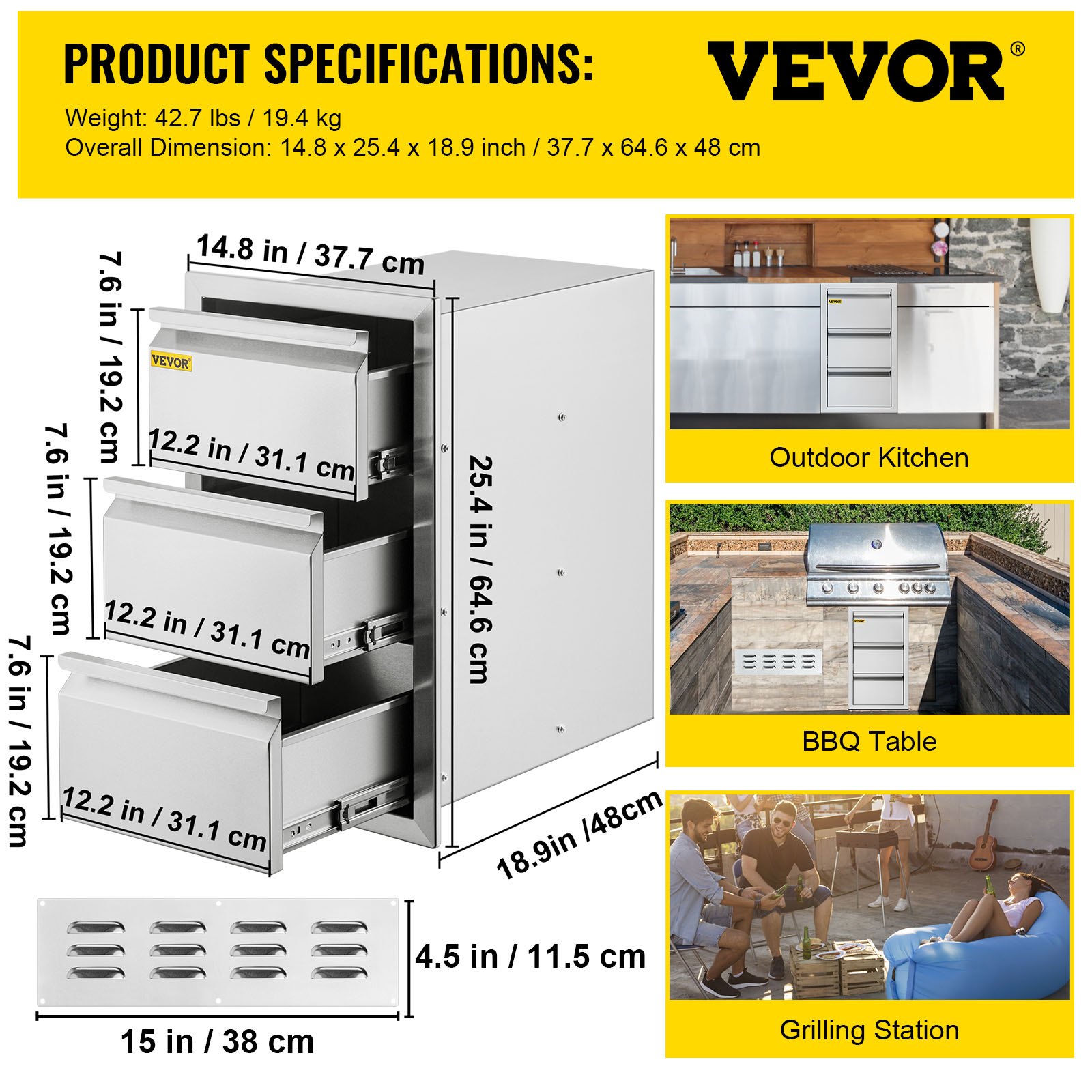 VEVOR Outdoor Kitchen Drawers 14.7\" W x 25.4\" H x 18.7\" D, Box Frame Style Flush Mount BBQ Drawers with Stainless Steel Handle, BBQ Island Drawers for Outdoor Kitchens or Patio Grill Station