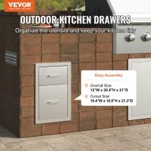 VEVOR Outdoor Kitchen Drawers 13" W x 20.5" H x 21" D, Flush Mount Double BBQ Access Drawers with Stainless Steel Handle, BBQ Island Drawers for Outdoor Kitchens or Patio Grill Station