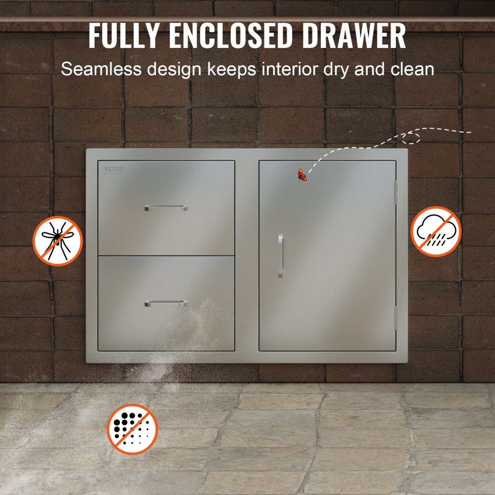 VEVOR Outdoor Kitchen Door Drawer Combo 32.5" W x 21.6" H x 20.5''D, Access Door/Double Drawers with Paper Towel Rack, BBQ Island Drawers with Stainless Steel Handles for Outdoor Kitchen