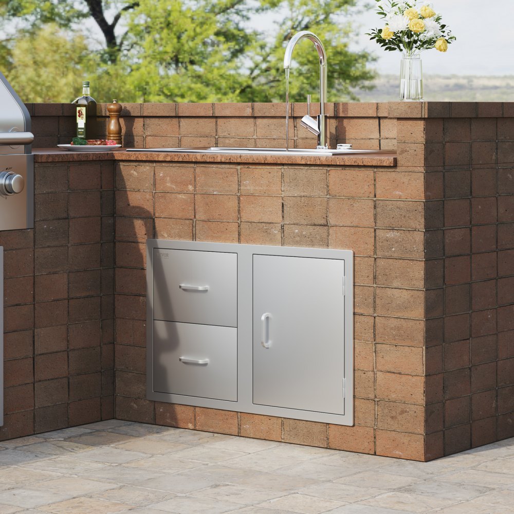 VEVOR Outdoor Kitchen Door Drawer Combo 32.5" W x 21.6" H x 20.5''D, Access Door/Double Drawers with Paper Towel Rack, BBQ Island Drawers with Stainless Steel Handles for Outdoor Kitchen