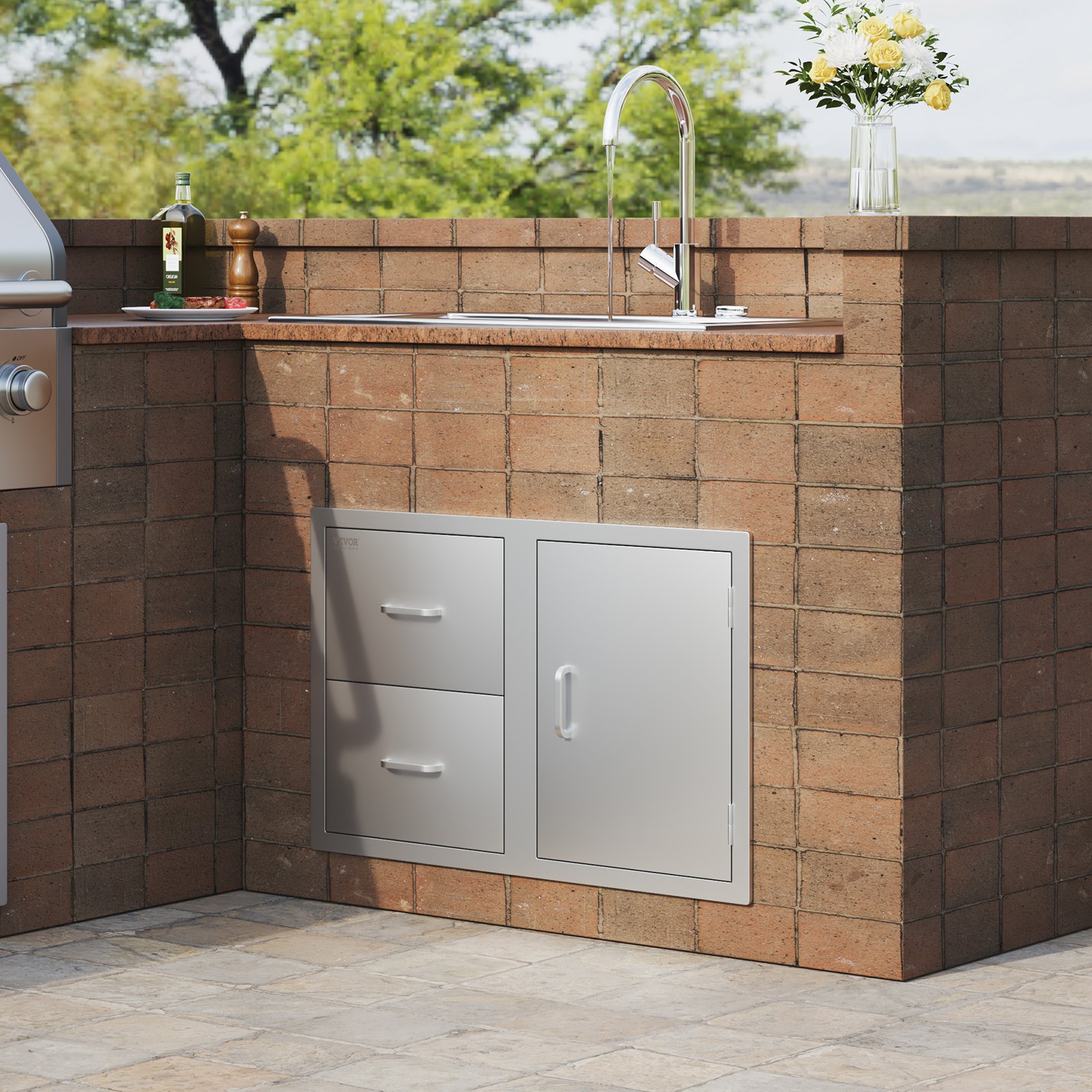 VEVOR Outdoor Kitchen Door Drawer Combo 32.5" W x 21.6" H x 20.5''D, Access Door/Double Drawers with Paper Towel Rack, BBQ Island Drawers with Stainless Steel Handles for Outdoor Kitchen