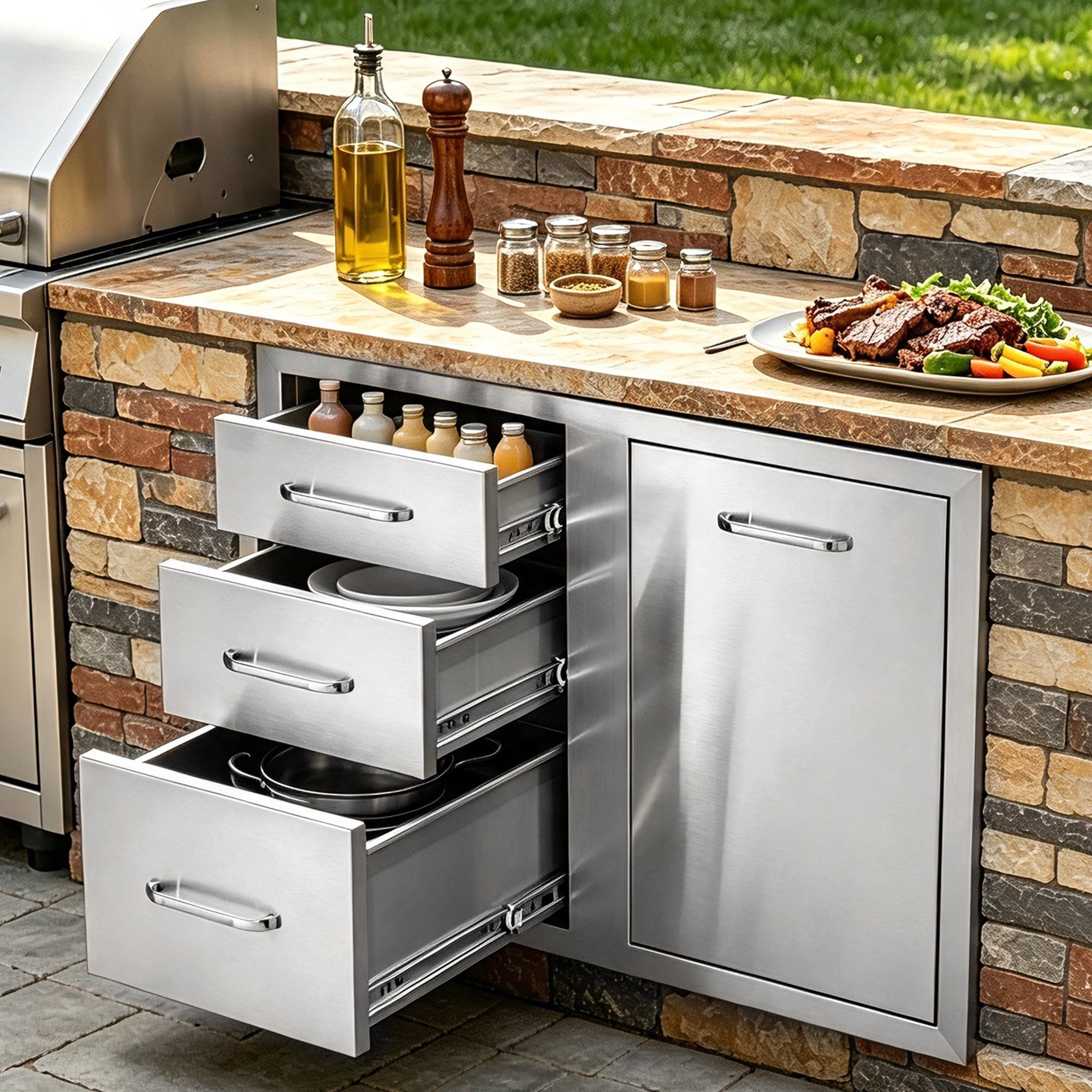 VEVOR Outdoor Kitchen Door Drawer Combo 29.5" W x 22.6" H x 21.7''D, Access Door/Triple Drawers with Propane Drawer and Adjustable Garbage Ring, Perfect for BBQ Island Patio Grill Station