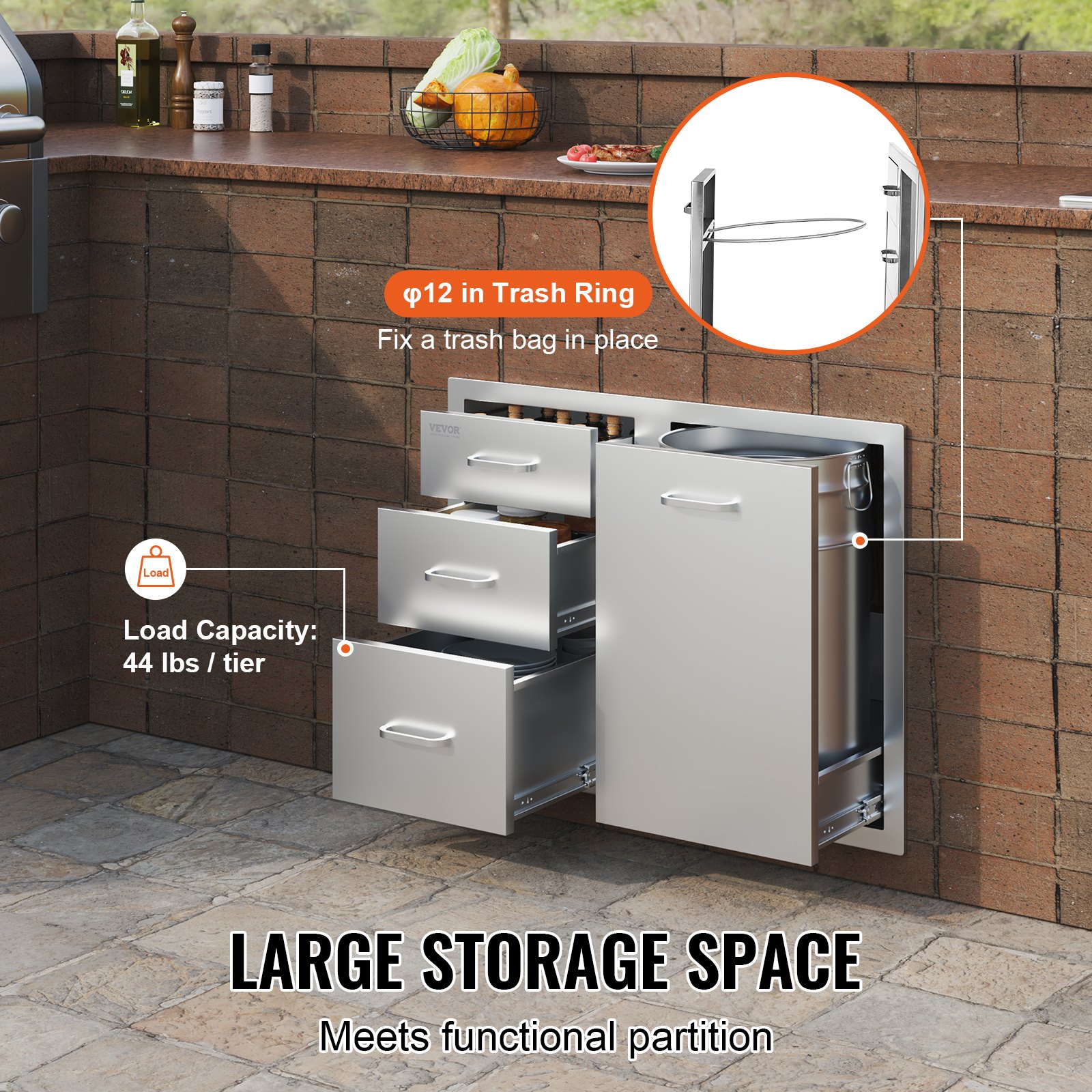 VEVOR outdoor kitchen combo with large storage, 44 lbs capacity per tier, 12-inch trash ring.
