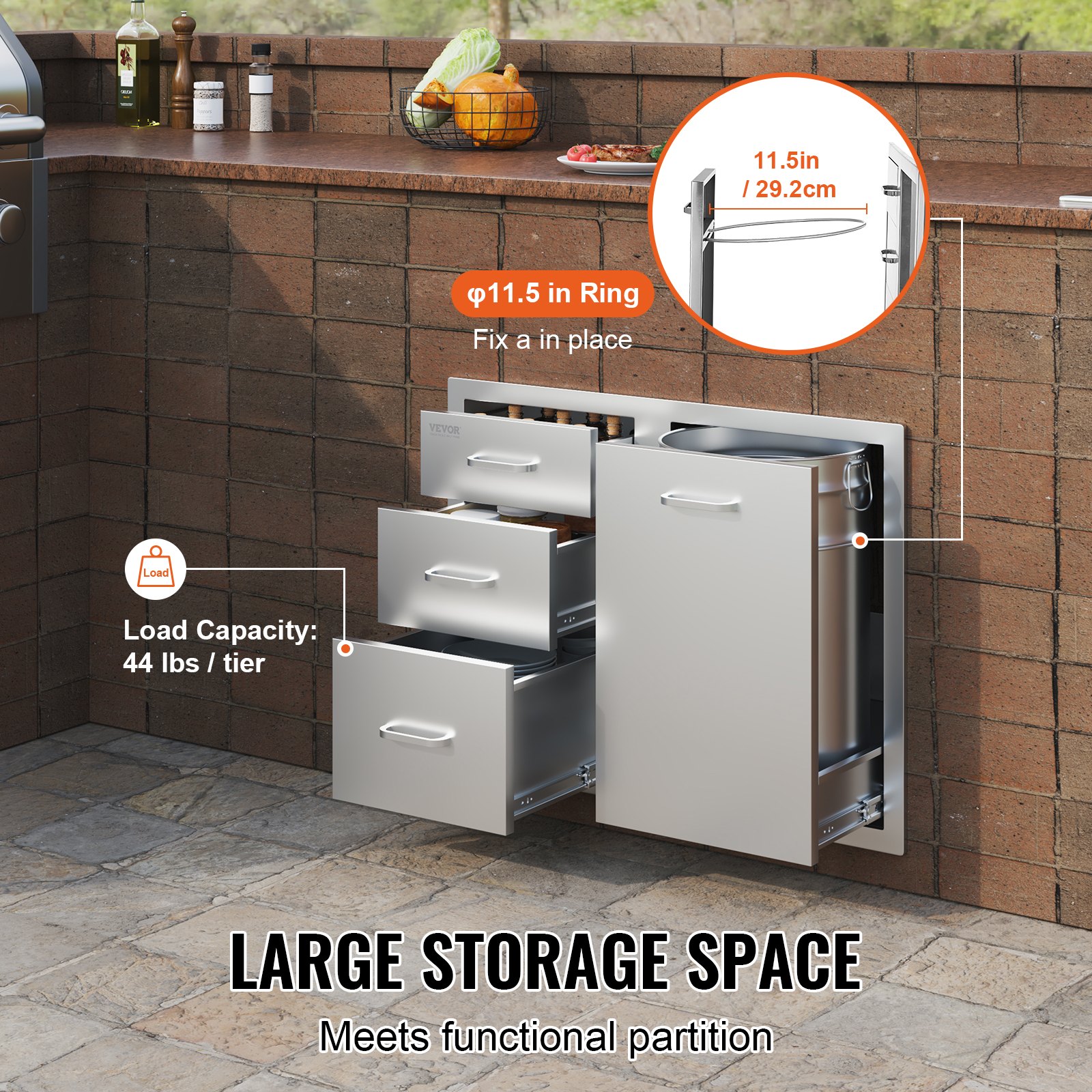 201 Stainless Steel Door Combo with Trash Bag Ring & Triple Drawer