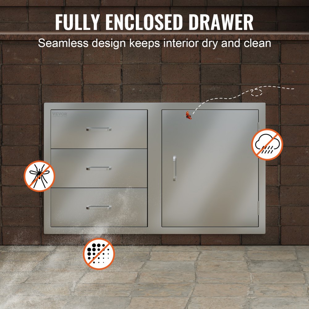 VEVOR Outdoor Kitchen Door Drawer Combo 38.1''W x 22.6''H x 20.8''D, BBQ Access Door/Triple Drawers Combo with Stainless Steel Handles, Perfect for BBQ Island Patio Grill Station