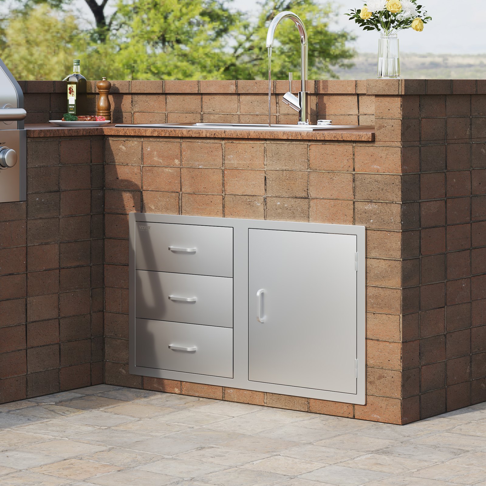 VEVOR Outdoor Kitchen Door Drawer Combo 38.1''W x 22.6''H x 20.8''D, BBQ Access Door/Triple Drawers Combo with Stainless Steel Handles, Perfect for BBQ Island Patio Grill Station