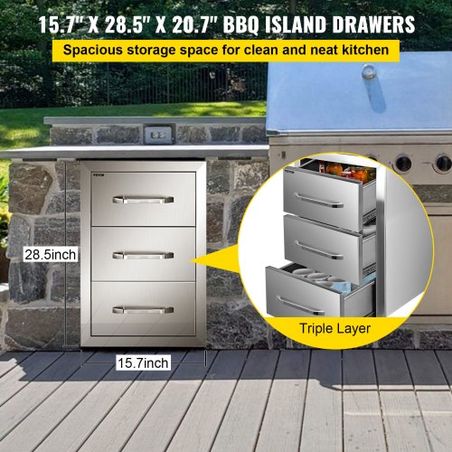 Vevor Stainless Steel 3 Bbq Access Drawer 40x77 Cm Island Drawer Storage Outdoor