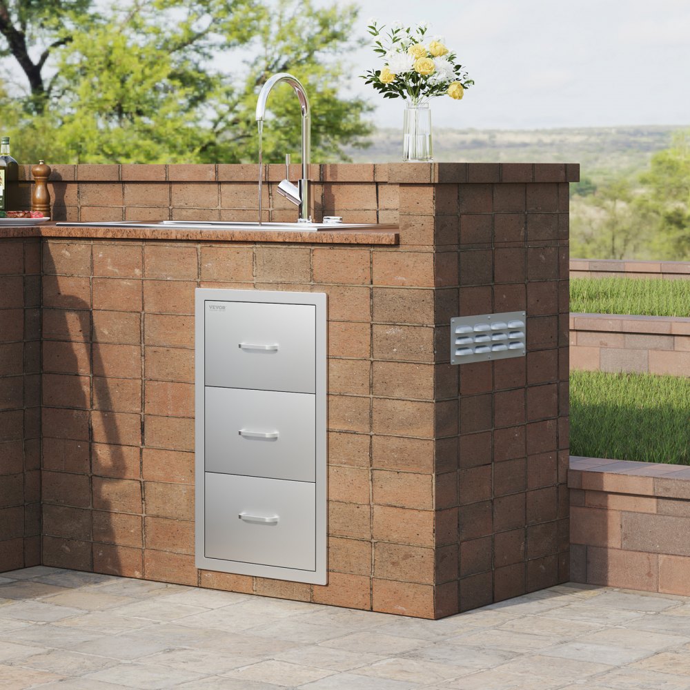 VEVOR Outdoor Kitchen Drawers 16" W x 28.5" H x 20.5" D, Flush Mount Triple Access BBQ Drawers Stainless Steel with Handle, BBQ Island Drawers for Outdoor Kitchens or Patio Grill Station