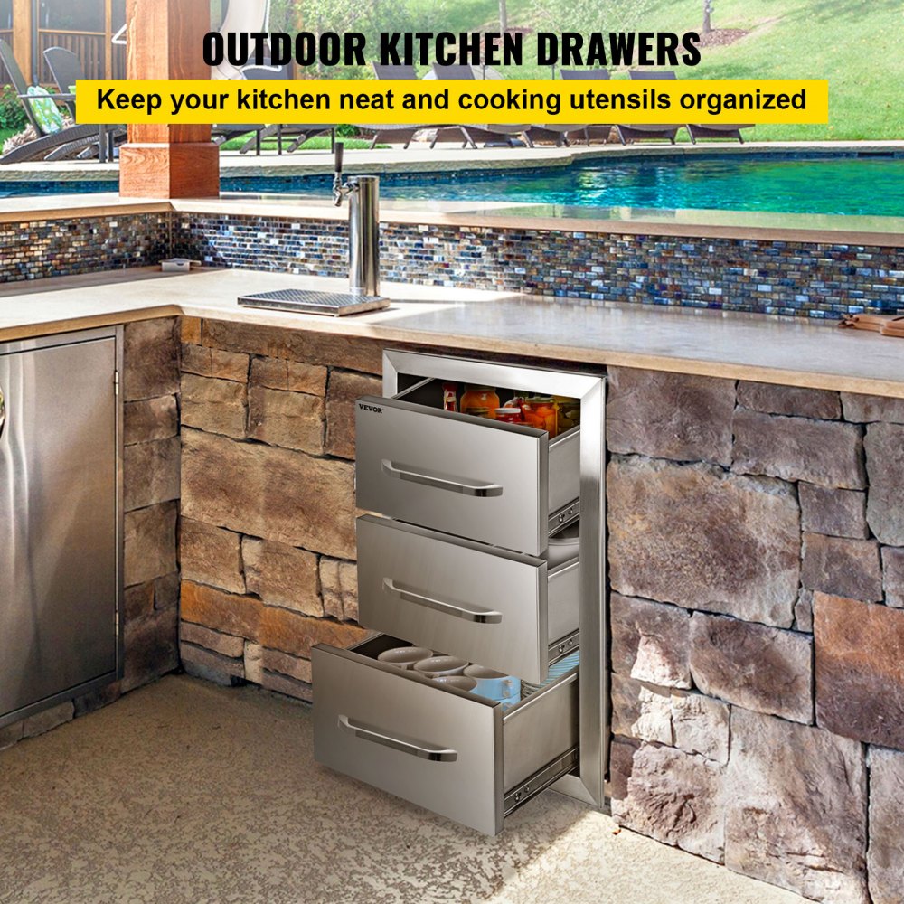 VEVOR Outdoor Kitchen Drawers 16\" W x 28.5\" H x 20.5\" D, Flush Mount Triple Access BBQ Drawers Stainless Steel with Handle, BBQ Island Drawers for Outdoor Kitchens or Patio Grill Station